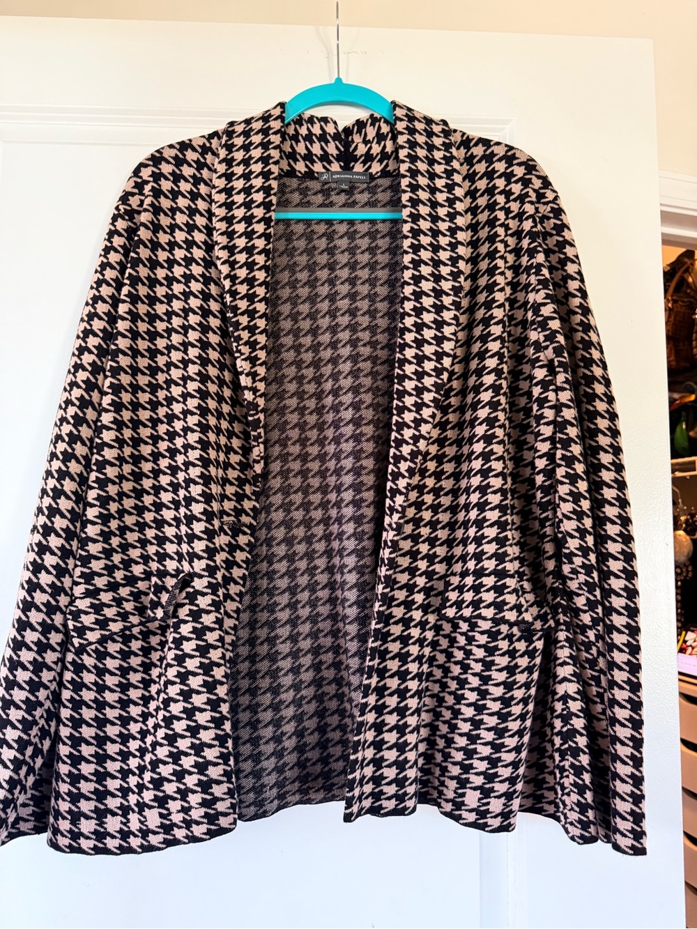 WOMENS Adrianna Papell Black & Tan Houndstooth Open-Front Cardigan